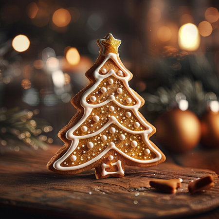 Christmas gingerbread tree on a wooden board. Bokeh background.の素材