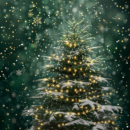 Christmas tree with snowflakes and bokeh lights. Christmas backgroundの素材