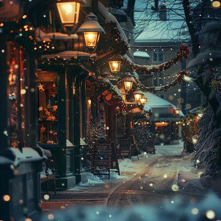 Beautiful winter city street in the evening. Christmas and New Year concept.の素材