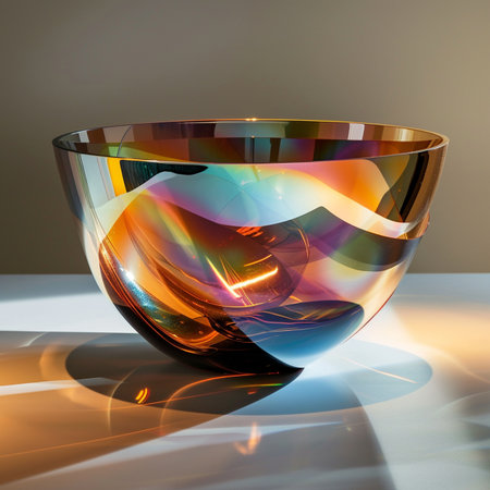 Glass bowl on the table with reflection. 3d render illustration.の素材