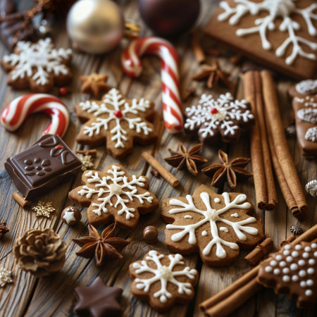 christmas gingerbread cookies and spices on wooden table, closeupの素材