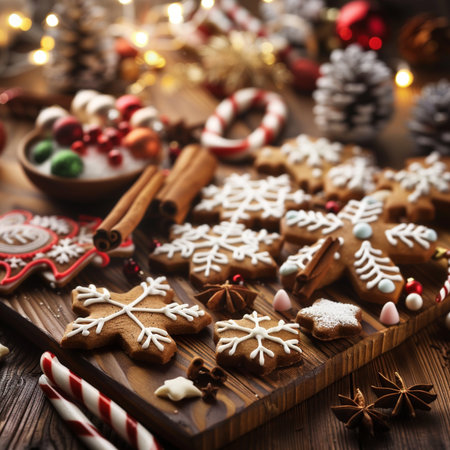 Christmas gingerbread cookies on wooden background. Selective focus. Holiday.の素材