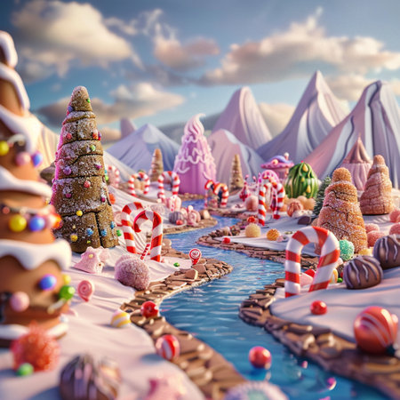 Beautiful Christmas landscape with snowman, trees, snowdrifts, candy canes and mountains in the backgroundの素材