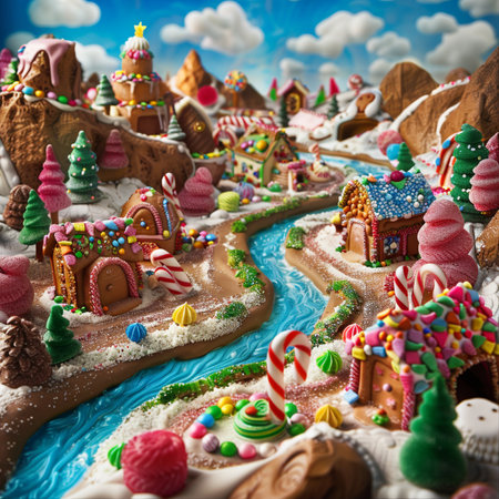 Christmas gingerbread houses in the form of a Christmas tree on a background of blue skyの素材