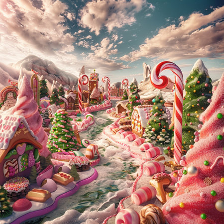 Fairy-tale Christmas village with candy canes and gingerbread housesの素材