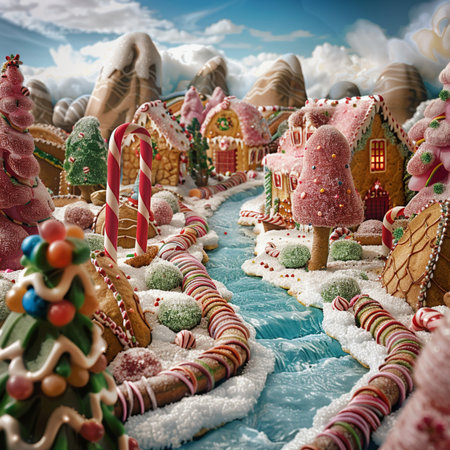 Christmas gingerbread houses on a background of blue sky with clouds.の素材