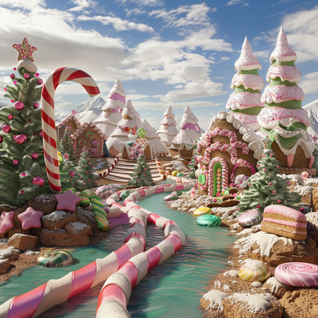 Christmas village with gingerbread houses, candy canes and lollipopsの素材