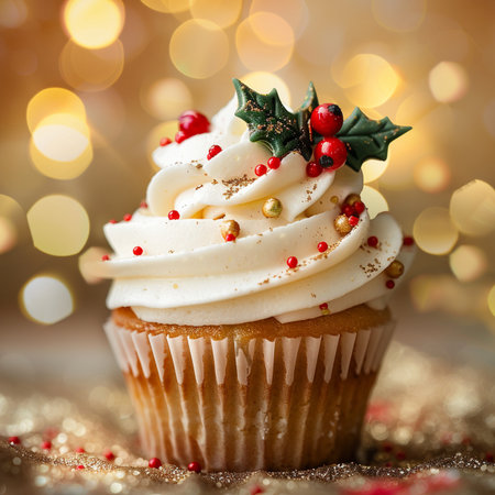 Christmas cupcake with berries and decoration on bokeh background.の素材