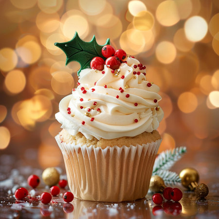 Christmas cupcake with snowflake decoration on bokeh background.の素材
