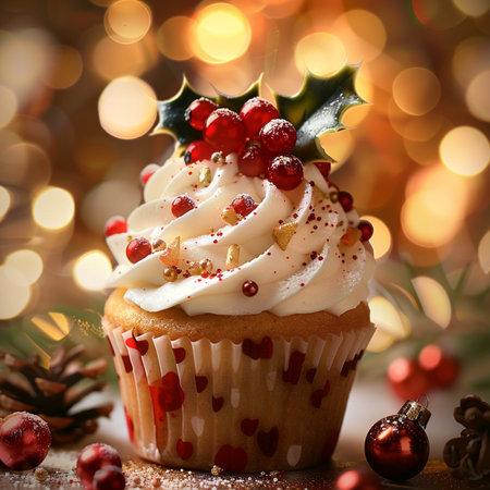 Christmas cupcake with frosting and berries on bokeh backgroundの素材