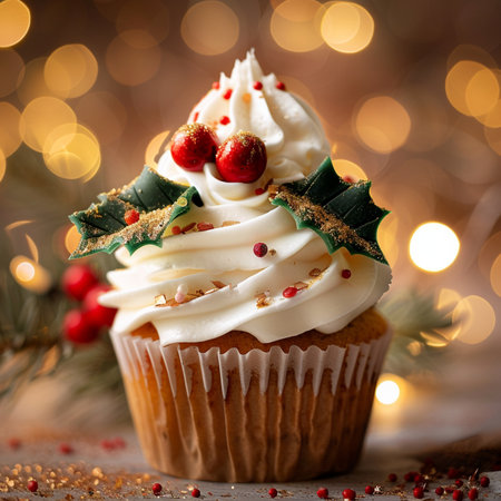 Christmas cupcake with whipped cream and holly berries on bokeh backgroundの素材