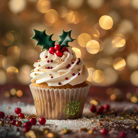 Christmas cupcake with holly leaves and berries on golden bokeh backgroundの素材