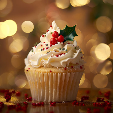 Christmas cupcake with snowflakes and berries on bokeh backgroundの素材