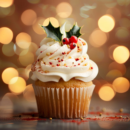 christmas cupcake with mistletoe on bokeh backgroundの素材