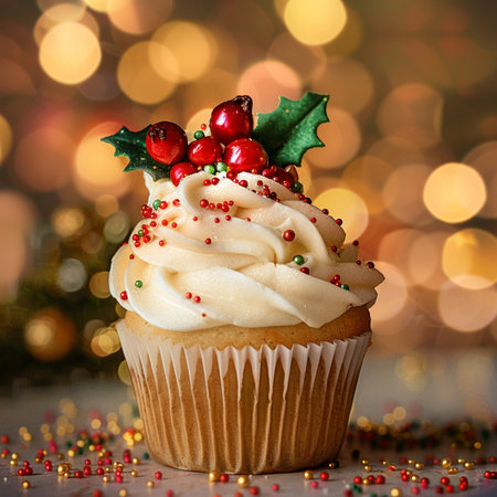 Christmas cupcake with red berries and holly on bokeh backgroundの素材