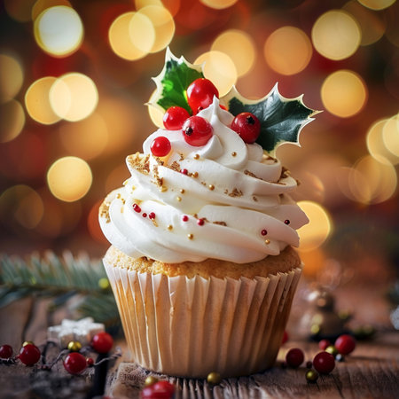 Christmas cupcake with whipped cream and holly on a wooden backgroundの素材