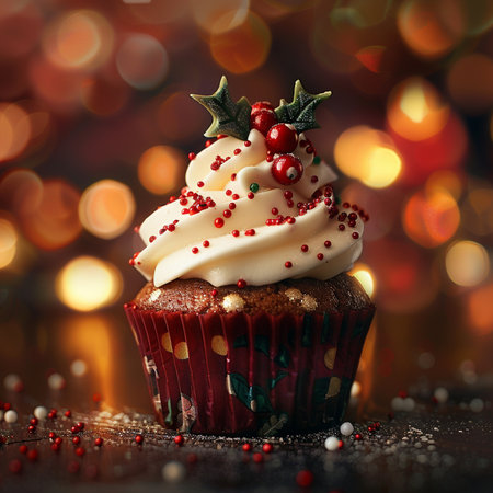 Christmas cupcake with cream and red berries on bokeh backgroundの素材