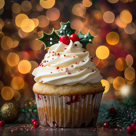 Christmas cupcake with frosting and mistletoe on bokeh backgroundの素材