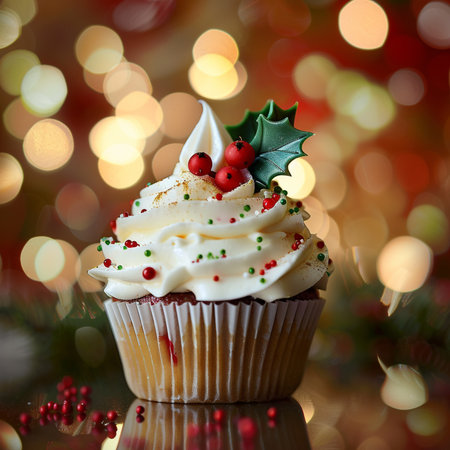 christmas cupcake with mistletoe on bokeh backgroundの素材