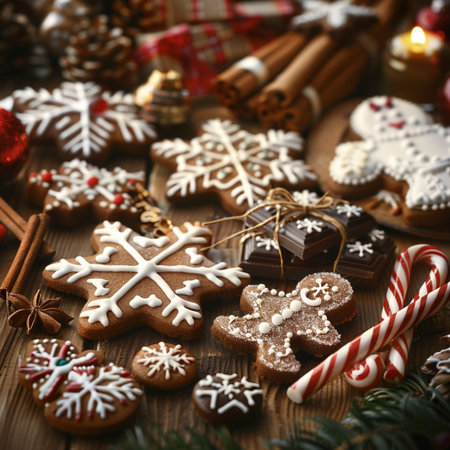 Christmas gingerbread cookies on a wooden background, close up, verticalの素材