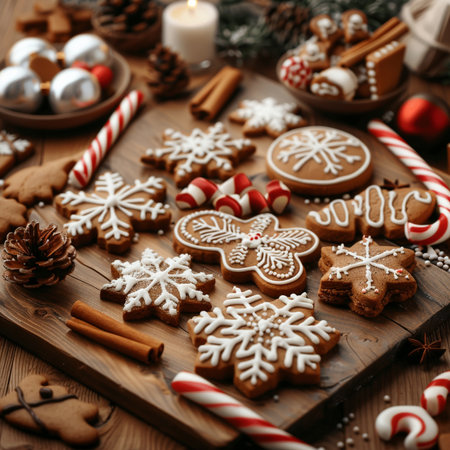 Christmas gingerbread cookies on a wooden background. Christmas and New Year concept.の素材