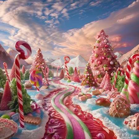 Merry Christmas and Happy New Year. Festive background with Christmas trees, candies and candy canes.の素材