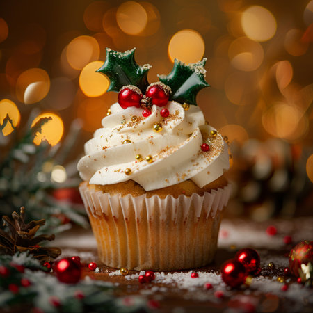 Christmas cupcake with frosting and holly berries on the background of bokeh lightsの素材
