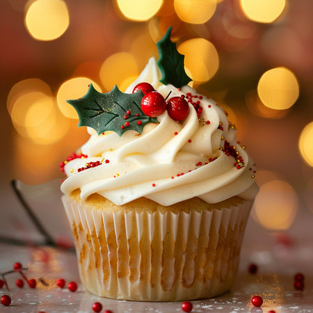 Christmas cupcake with frosting and holly berry on bokeh backgroundの素材