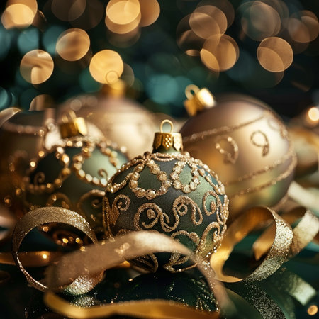 Christmas balls with golden ribbons on bokeh lights background.の素材