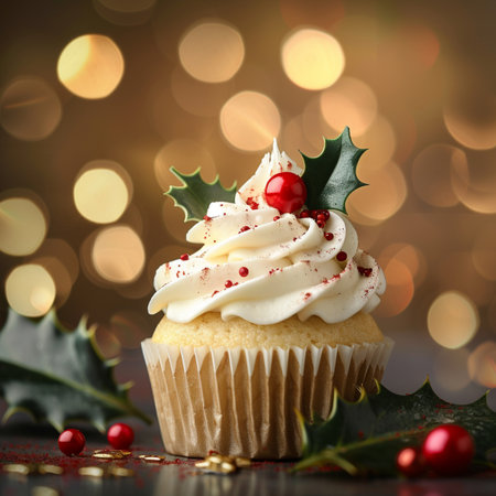 Christmas cupcake with frosting and holly leaf on bokeh backgroundの素材
