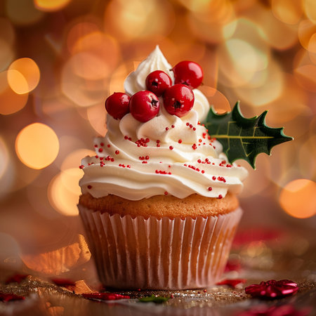 Christmas cupcake with berries and mistletoe on bokeh backgroundの素材