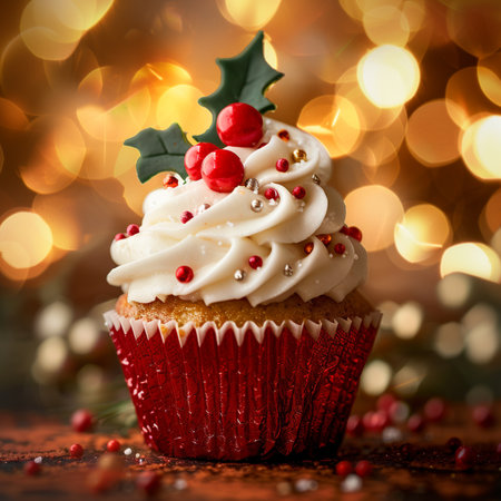 Christmas cupcake with frosting and mistletoe on bokeh backgroundの素材