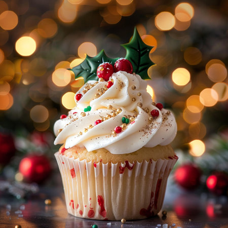 Christmas cupcake with whipped cream and mistletoe on a bokeh backgroundの素材