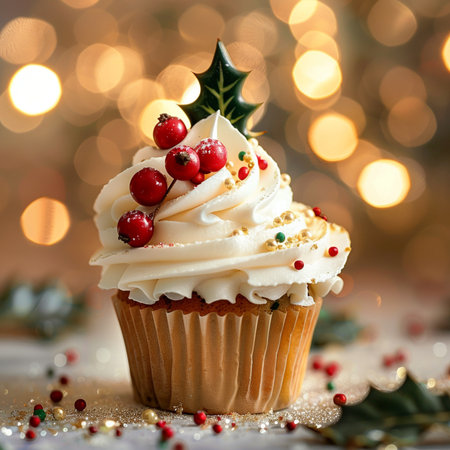 Christmas cupcake with berries and holly leaf on bokeh backgroundの素材
