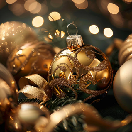 Christmas decoration with golden baubles and ribbons on bokeh backgroundの素材
