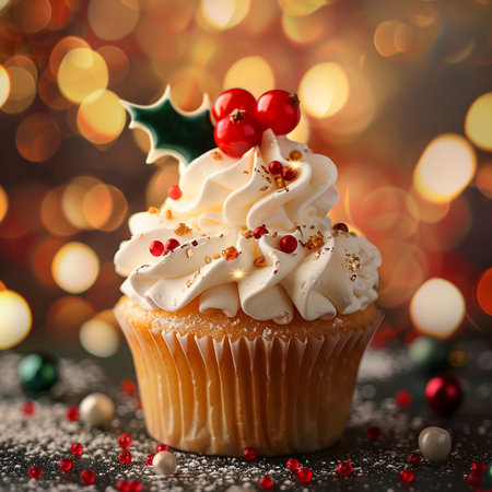 Christmas cupcake with decoration on bokeh background, closeupの素材