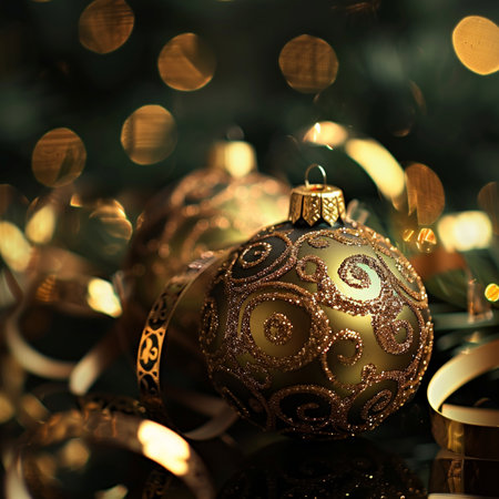 Christmas decoration with golden baubles and tinsel on bokeh backgroundの素材