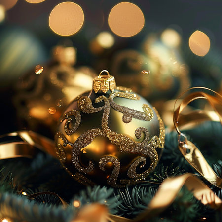 Christmas background with golden baubles, ribbons and bokehの素材