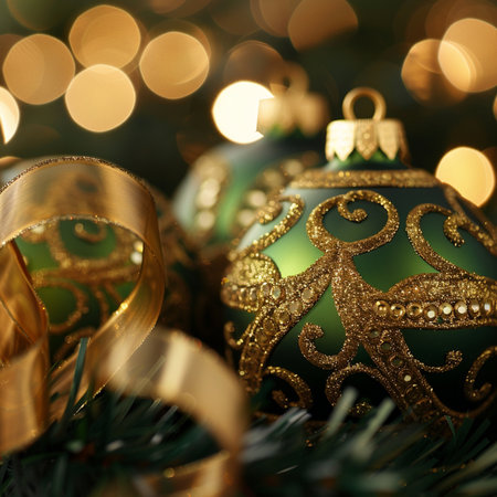 Christmas baubles with golden ribbons. Shallow depth of field.の素材
