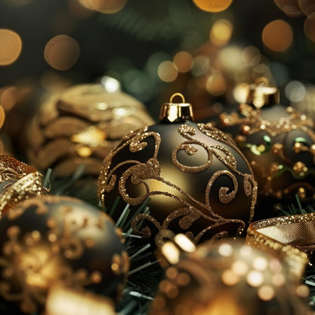 Christmas background with golden ornaments and bokeh lights.の素材