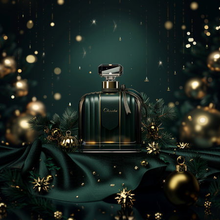 Perfume bottle with christmas ornaments on dark green backgroundの素材