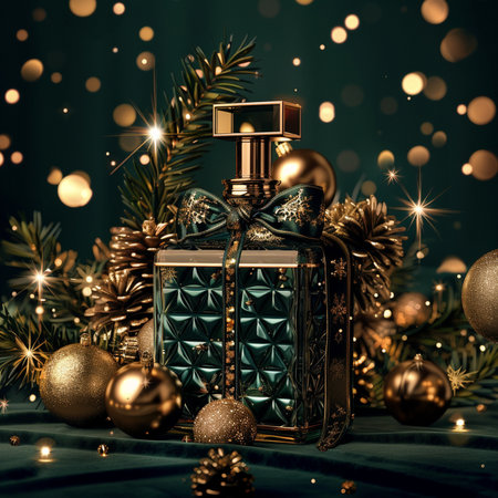 Perfume bottle with christmas ornaments on green backgroundの素材