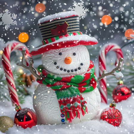 Snowman with Christmas decoration on snow background. Christmas greeting card.の素材
