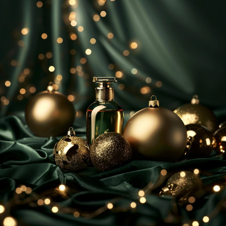 Bottle of perfume and Christmas balls on green satin cloth backgroundの素材