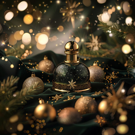 Perfume bottle and Christmas decorations on a green satin backgroundの素材