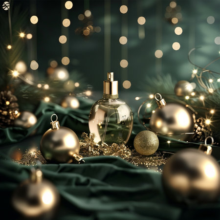 Perfume bottle and Christmas decorations on dark background. 3d rendering.の素材