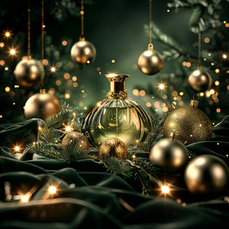 Christmas and New Year still life with perfume bottle, Christmas tree branches and golden balls on green backgroundの素材