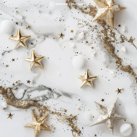 Christmas composition. Golden star background. Flat lay, top view, copy spaceの素材