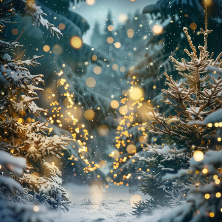 Winter landscape with snow covered fir trees, fairy lights and bokehの素材