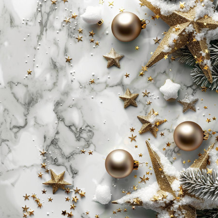 Christmas greeting card. Festive decorationle background. New Year concept. Copy space. Flat lay. Top view.の素材